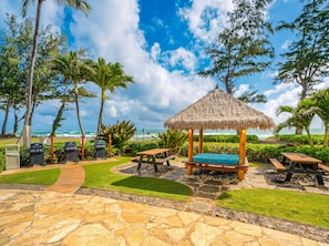 Eine Terrasse direkt am Strand mit einem strohgedeckten Pavillon, Picknicktischen und Grillplatz.