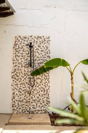 Une douche avec un mur décoré de motifs de galets, un tuyau en métal et une plante aux grandes feuilles.