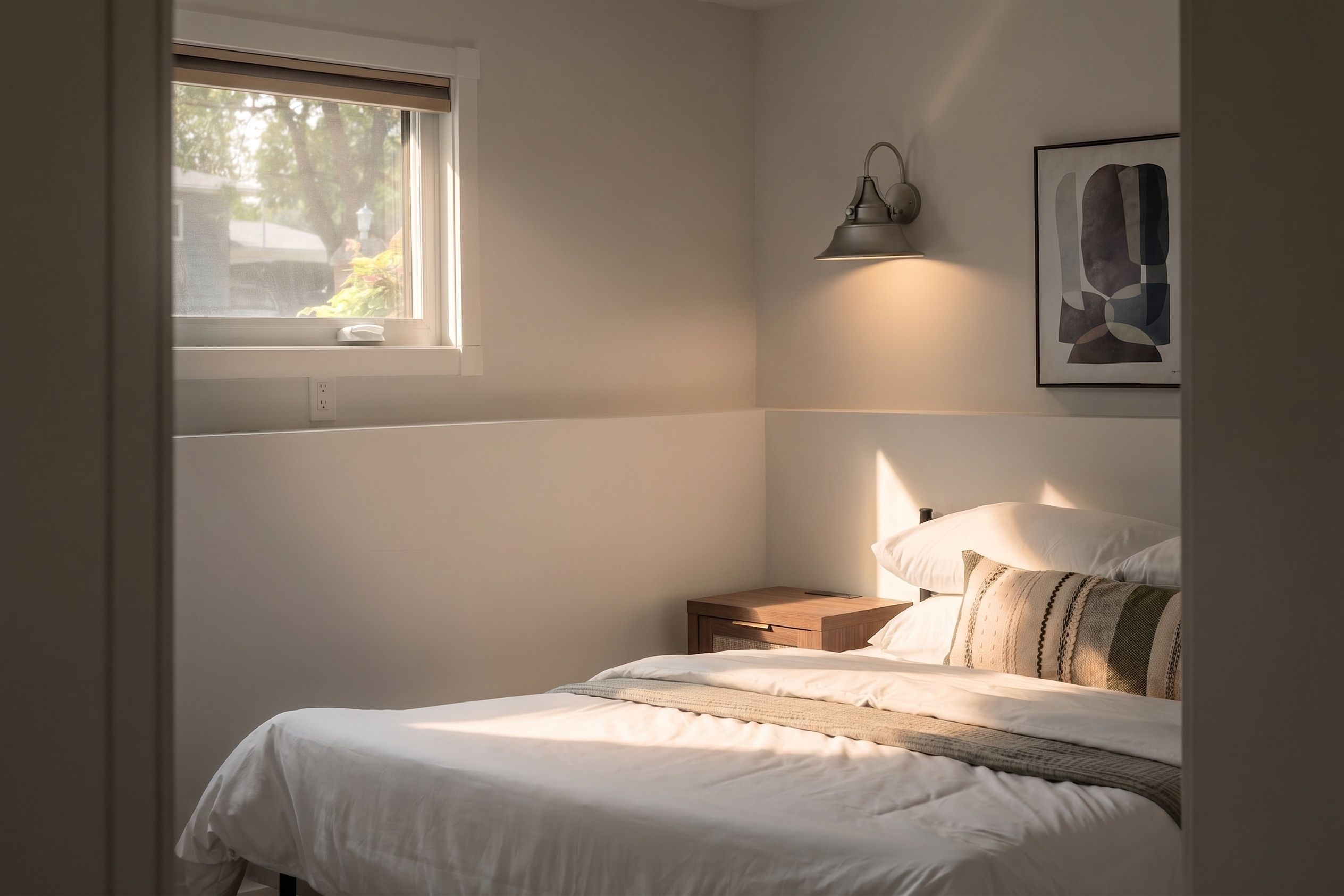 A bedroom with a bed, bedside table, lamp, and a window.