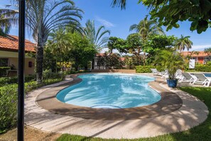 Una piscina de vora corba, envoltada per un solàrium de formigó, palmeres i gandules.