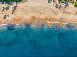 An aerial view of a beach with clear blue water, sandy shore, and palm trees. - Tropical Studio Escape | Walk to Beach (Kihei)