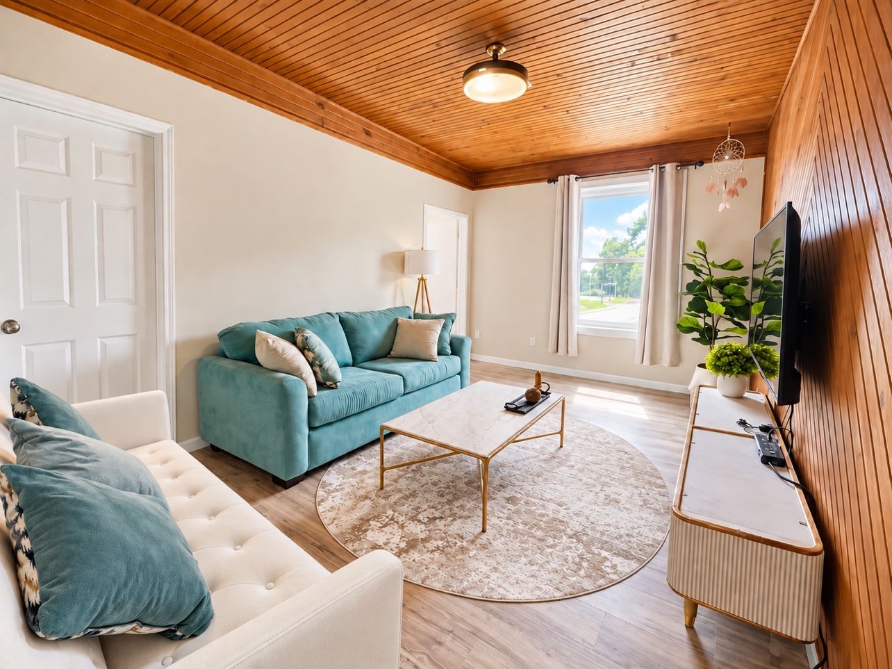 Un salon avec un canapé turquoise, un canapé blanc, une table basse et un téléviseur fixé à un mur en bois.