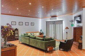 A living room with a sofa, a chair, a coffee table, a fireplace, and framed pictures on the wall. - 4-bedroom house in Melides with an outdoor hot tub. (Melides)