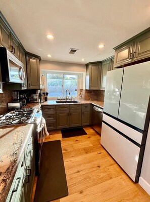 A kitchen with a gas stove, microwave, sink, and a large refrigerator.