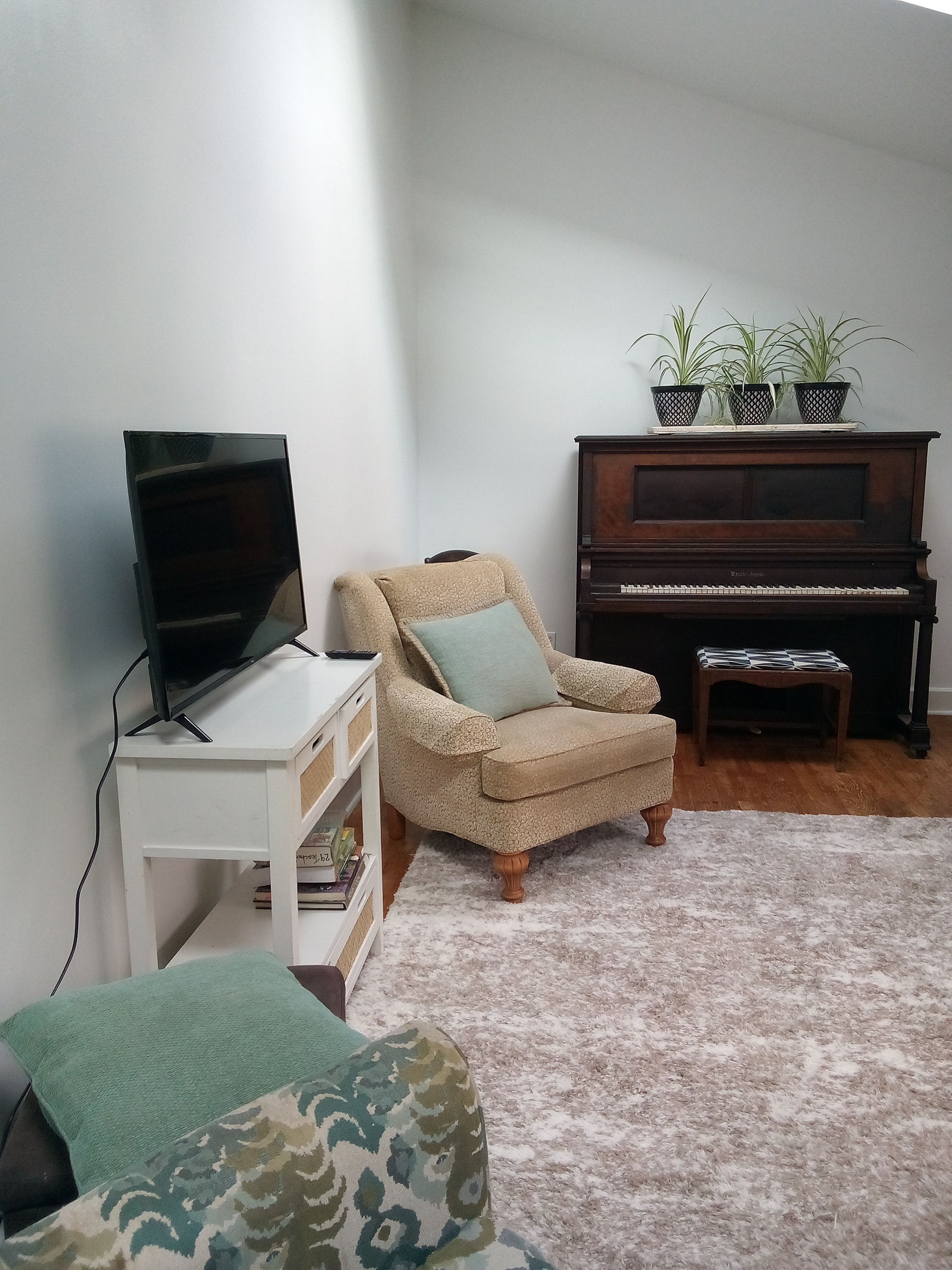 Una sala de estar con un televisor sobre un mueble blanco, un sillón beige con un cojín verde, un piano de madera y una mesita con revistas.