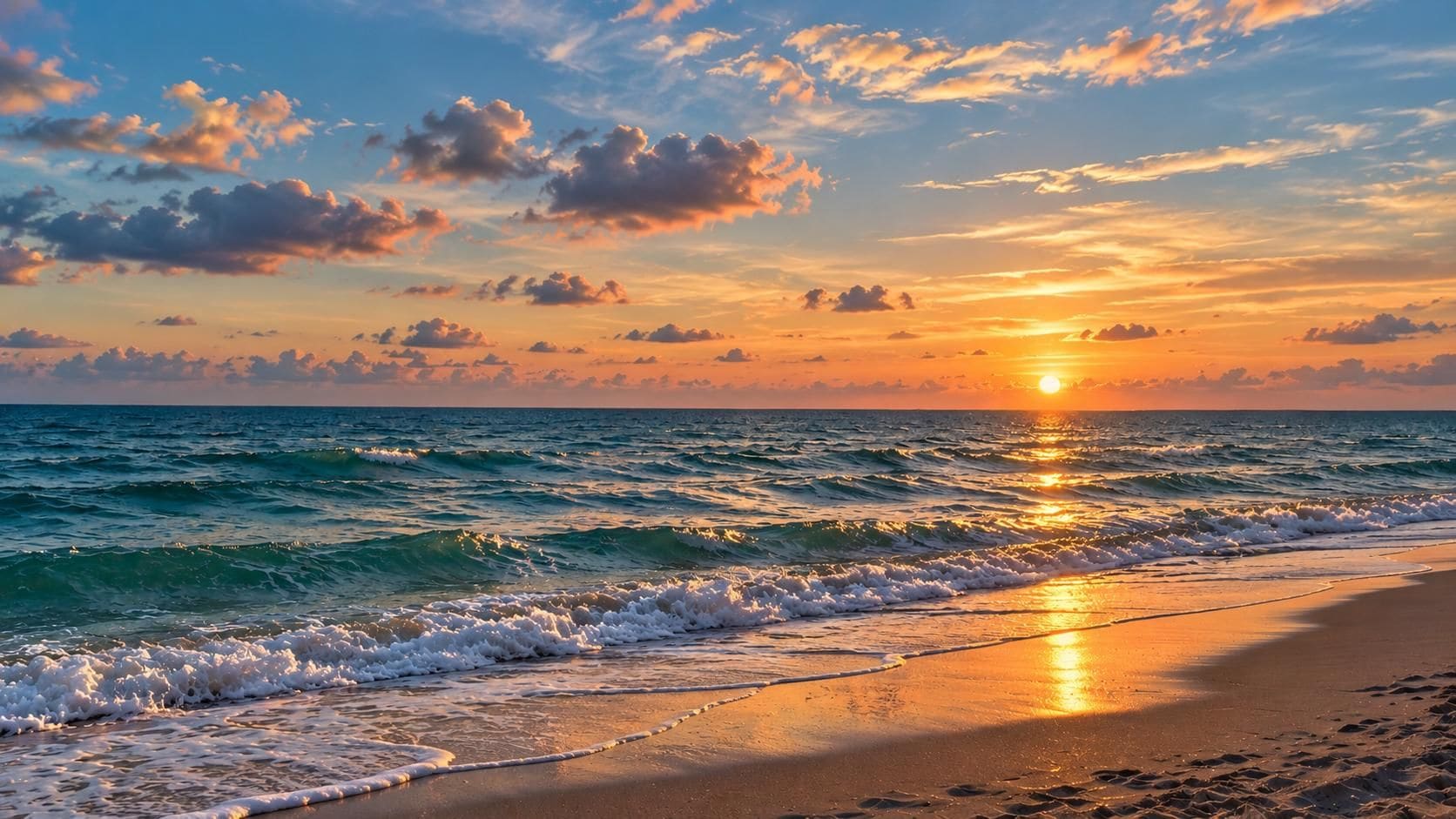 Una playa con olas y un atardecer.