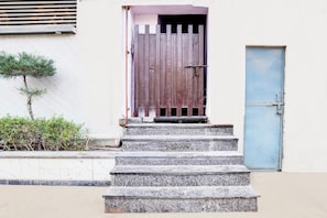 A set of stone steps leading to a wooden door with a metal gate, a small tree, and a blue door to the right.