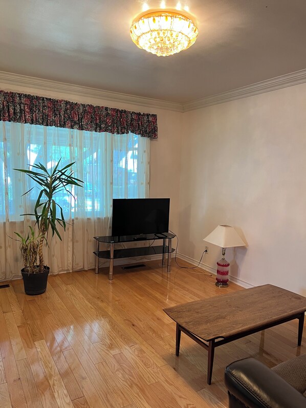 En stue med et fladskærms-tv på et glas TV-bord, en potteplante, et træ sofabord, en lampe og en sofa.