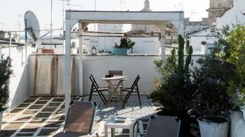 A rooftop terrace with lounge chairs, a table, and potted plants.