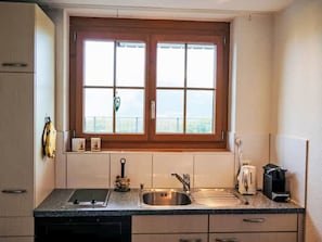 A compact kitchen with a window, a sink, a coffee maker, and a dishwasher. - Bee Aeschi by Interhome (Aeschi bei Spiez)