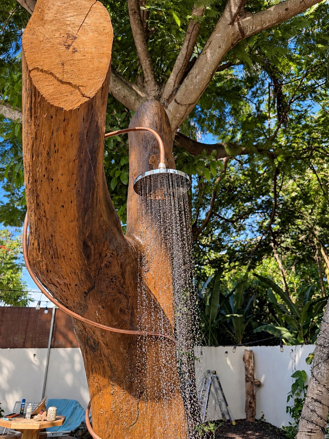 A tree with a copper pipe and a showerhead attached to it, with water flowing from the showerhead.