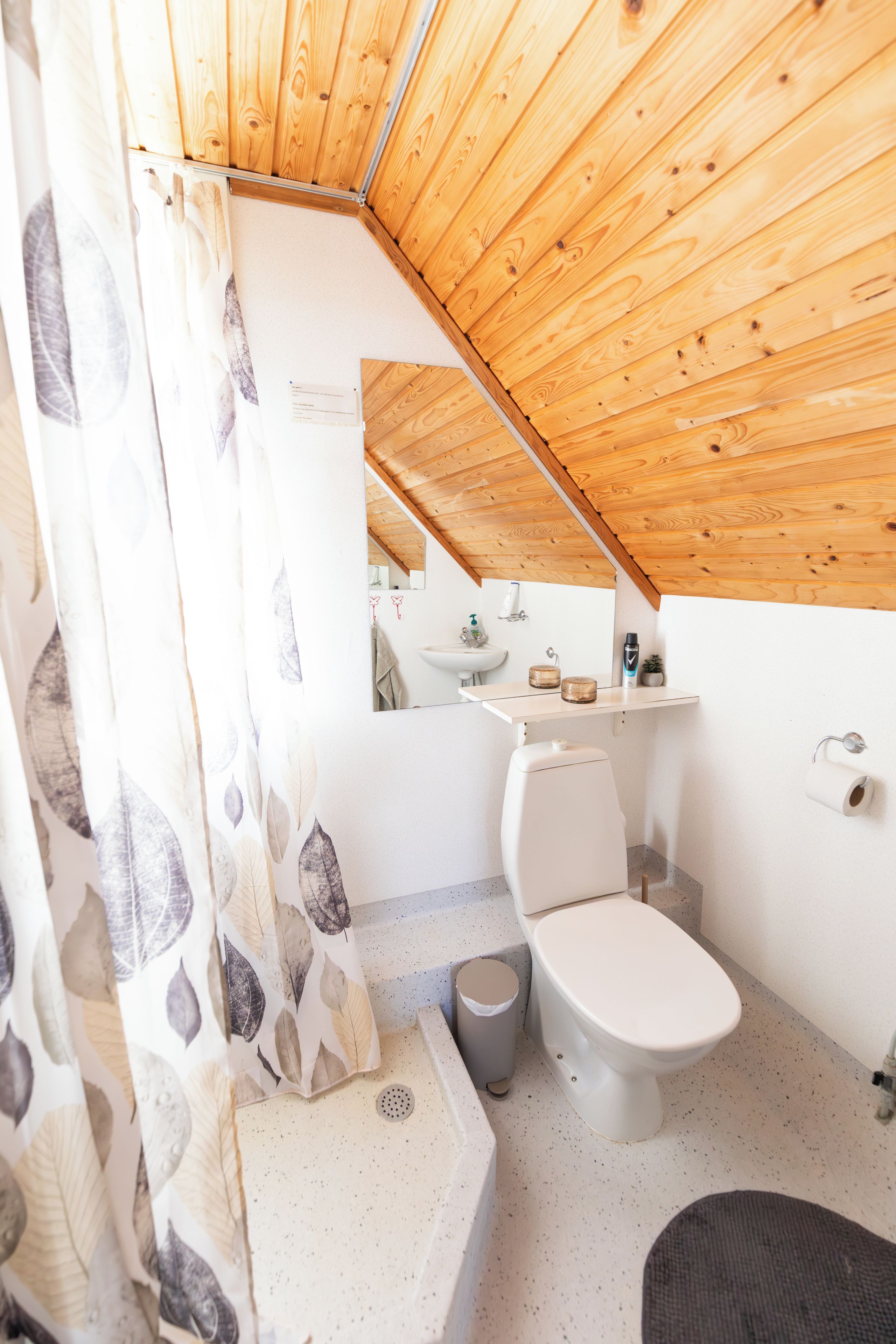 Een kleine badkamer met een houten plafond, toilet, wastafel en douchehoek.