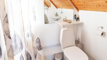 Een kleine badkamer met een houten plafond, toilet, wastafel en douchehoek.