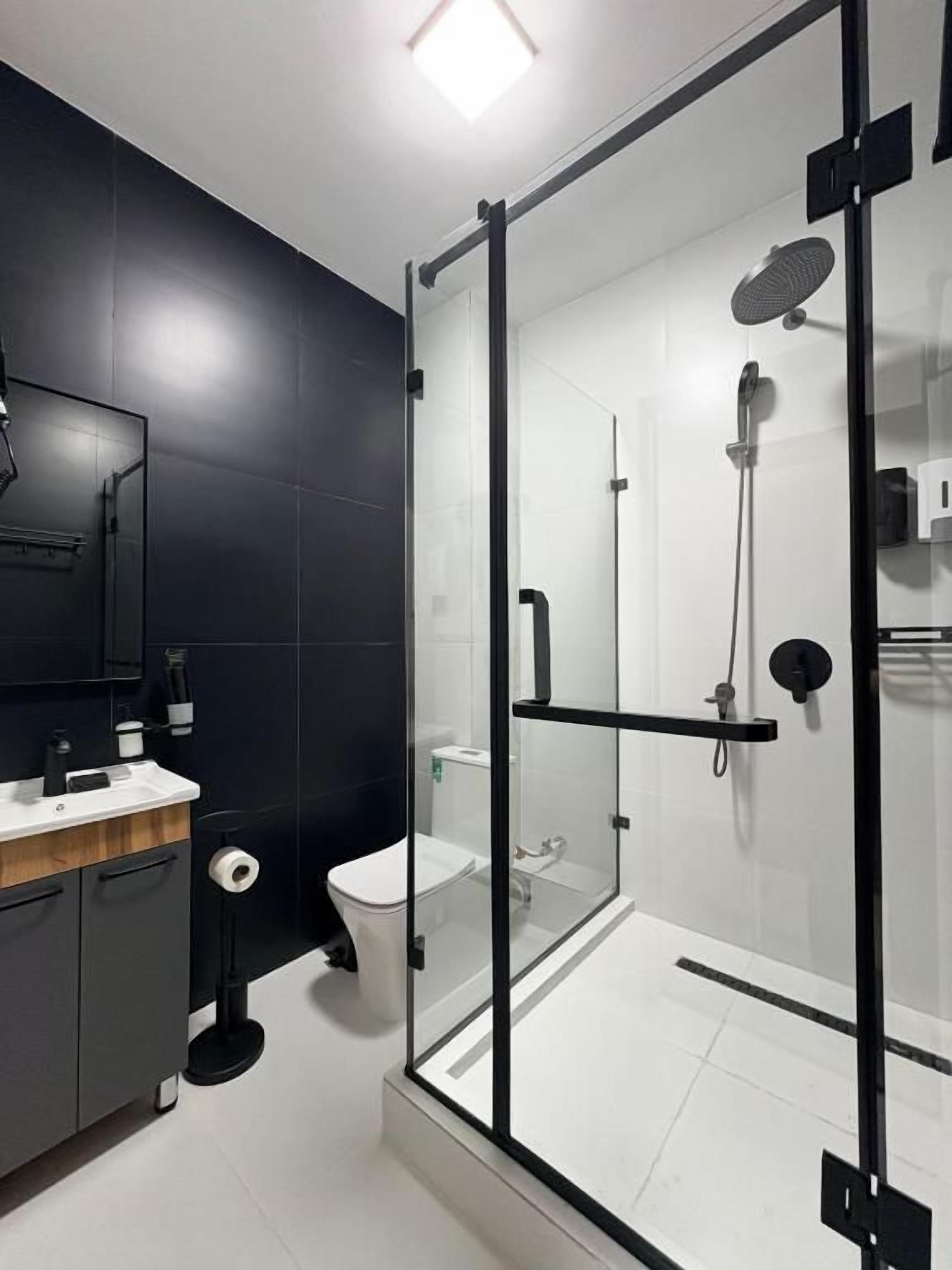 A modern bathroom with a glass-enclosed shower, a toilet, and a sink with a mirror.
