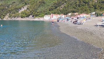 Ein Kiesstrand mit klarem Wasser, wenigen Personen und Gebäuden im Hintergrund.