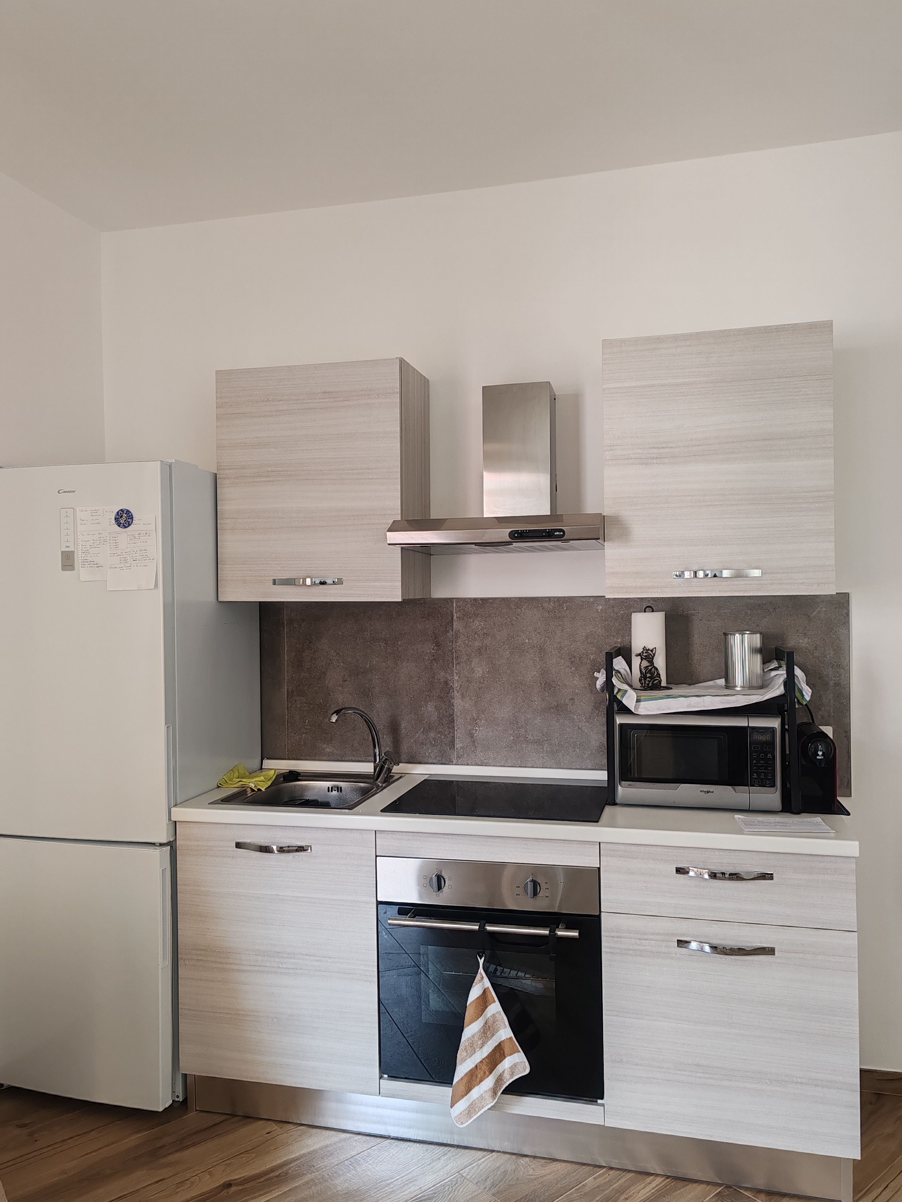 Eine moderne Küche mit Backofen, Mikrowelle und Spüle aus Edelstahl.