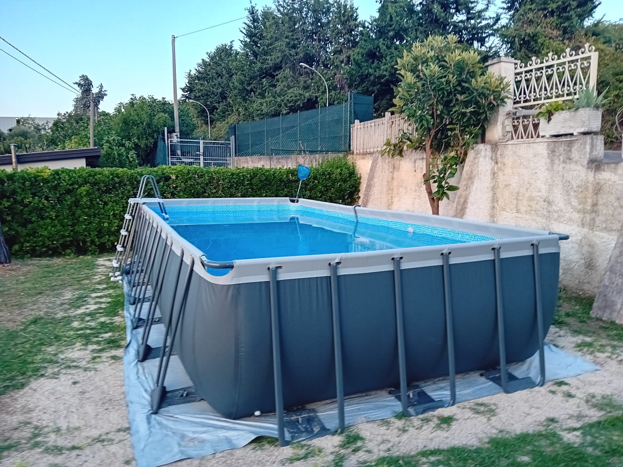 An above-ground swimming pool with a ladder, surrounded by a grassy area and a fence.