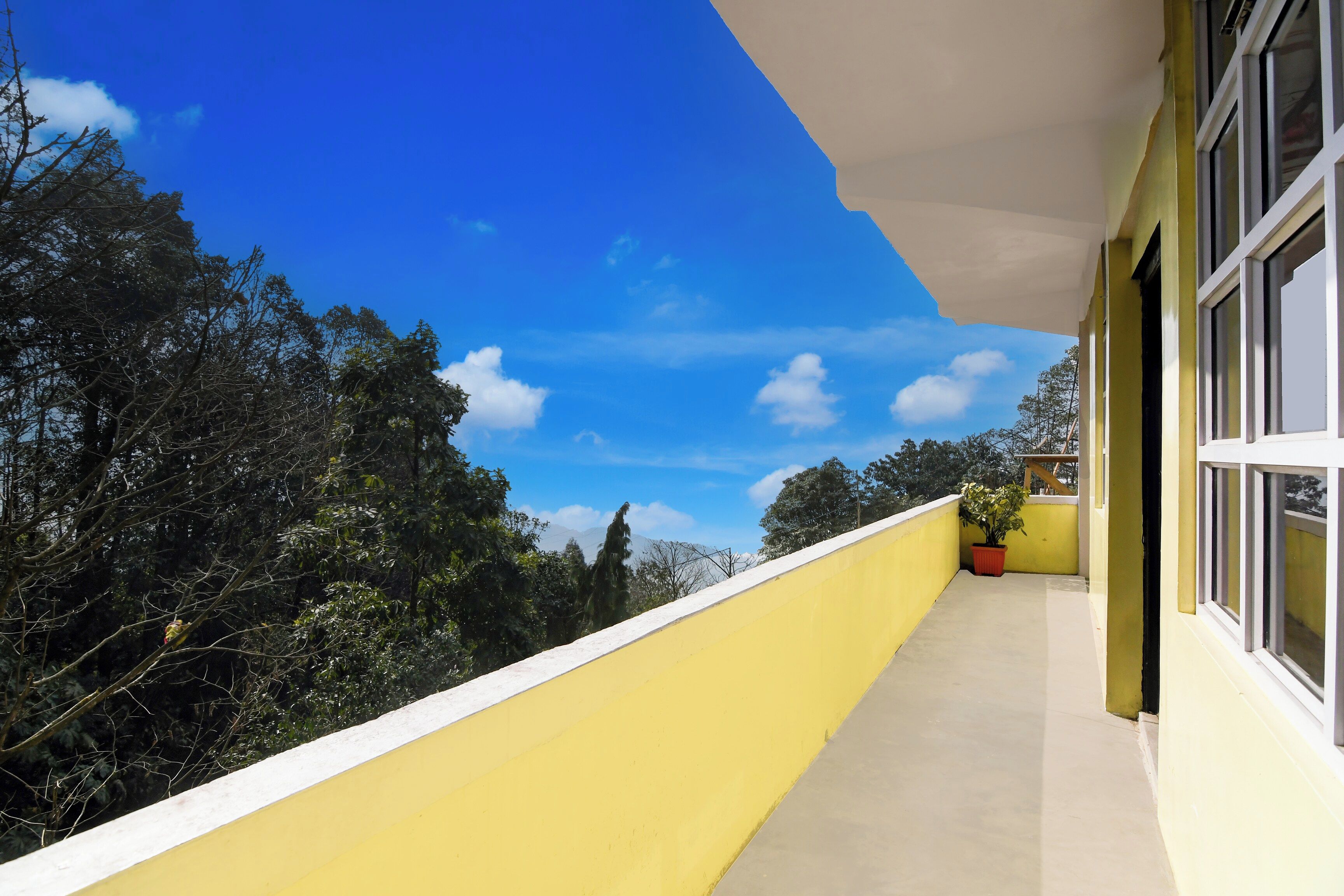 A balcony with a yellow railing, a potted plant, and a clear blue sky with clouds.