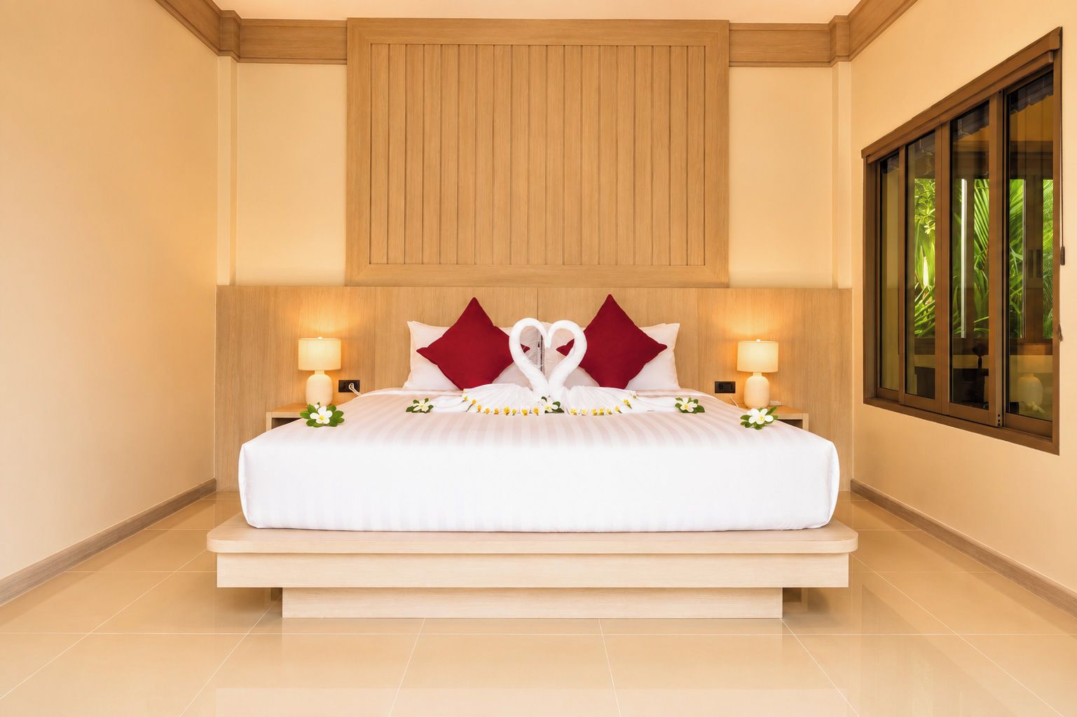 A hotel room with a large bed, two bedside lamps, a wooden headboard, and a window with a view of greenery.