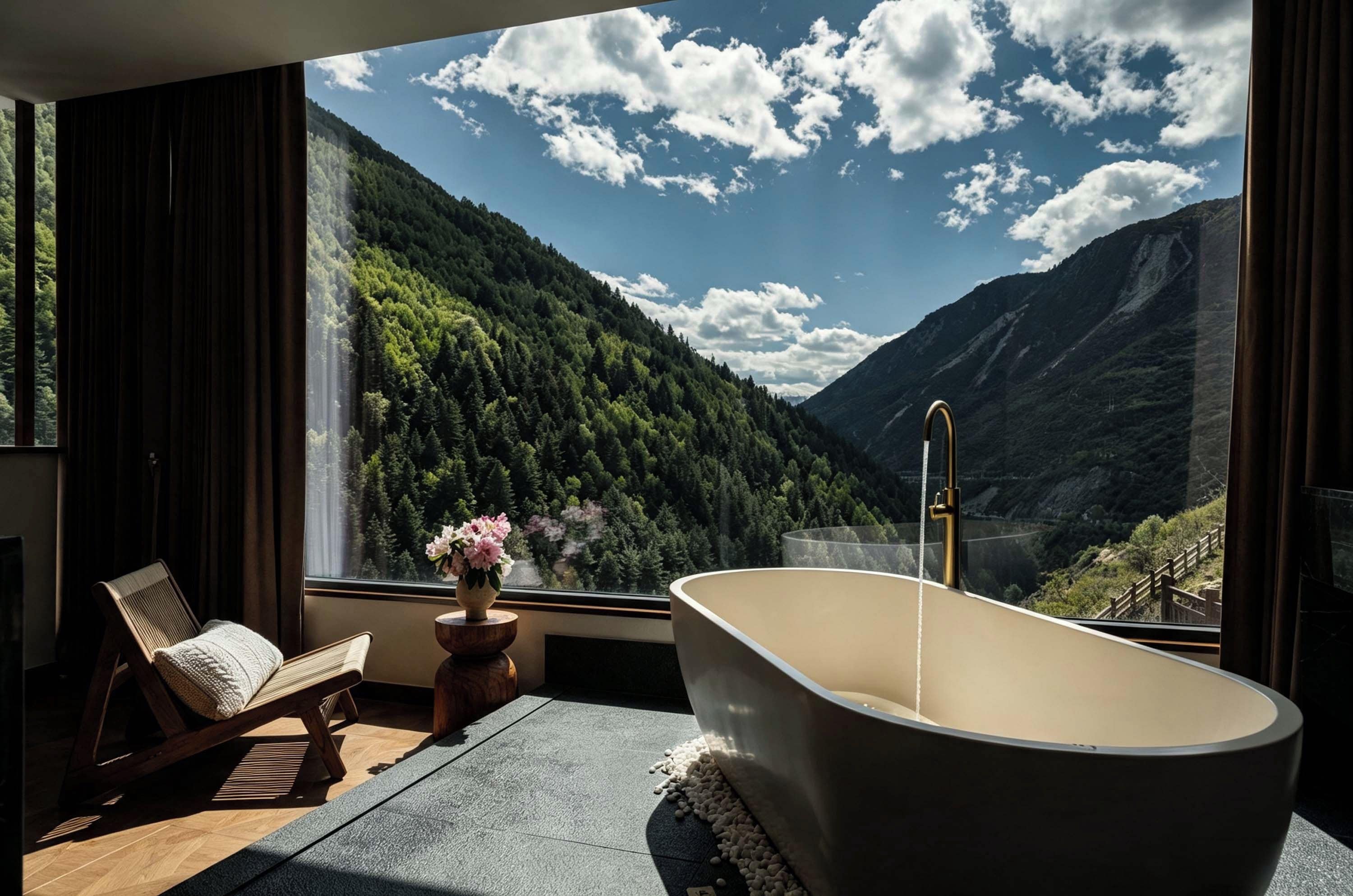 Una habitación con un ventanal grande, una bañera, una silla y un florero con flores.