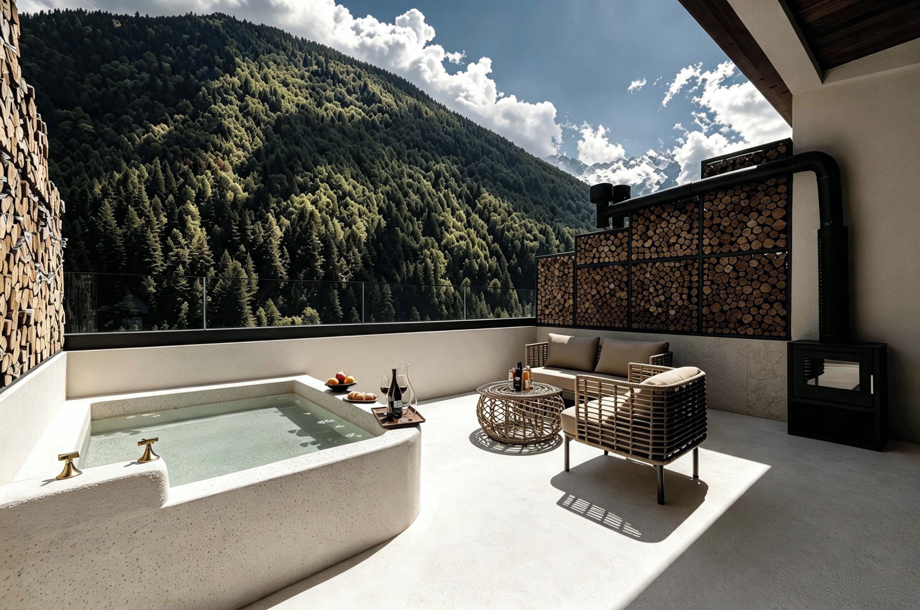 Een balkon met een jacuzzi, rieten meubilair en uitzicht op een bebost gebergte.
