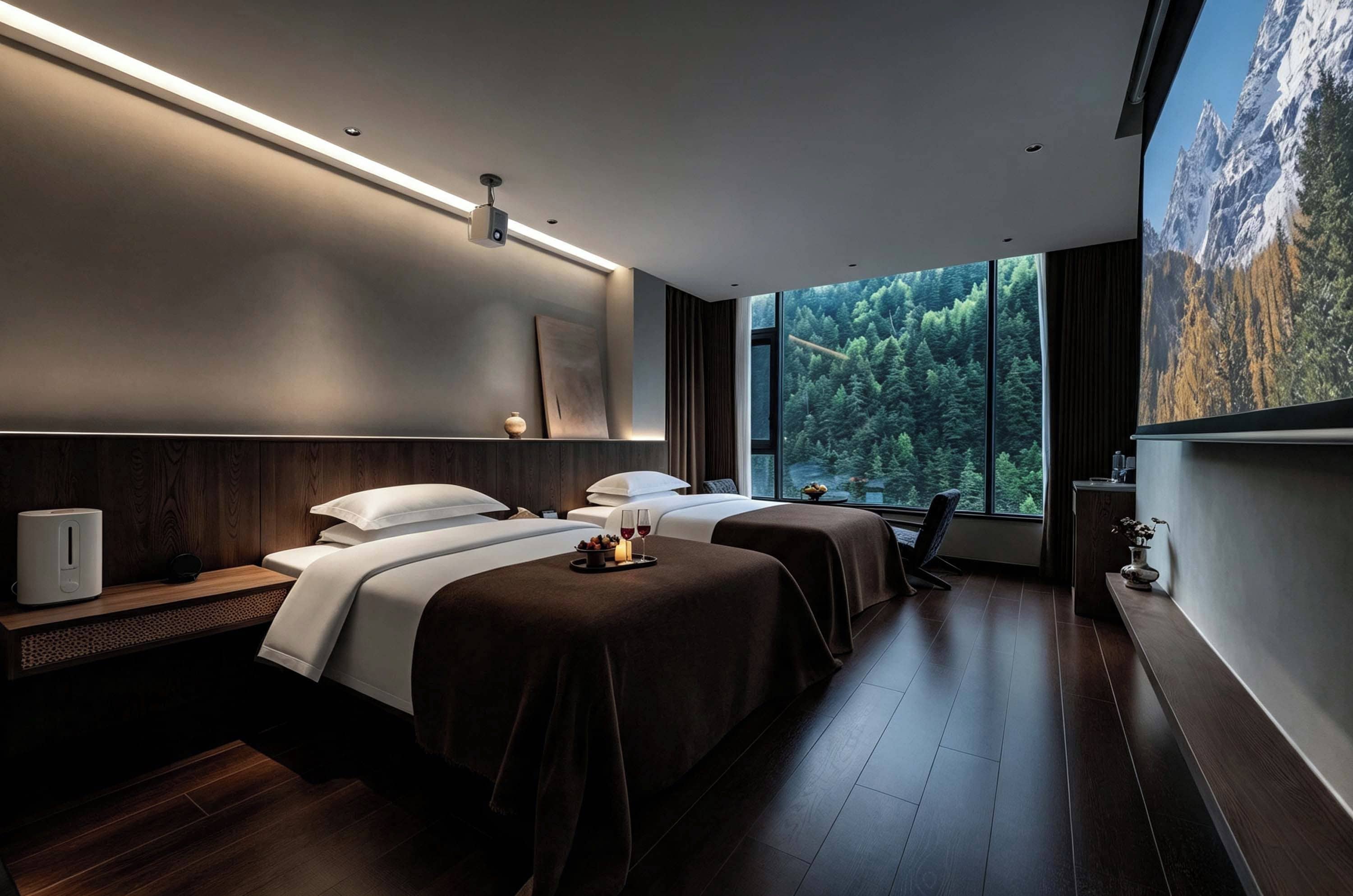 Una habitación de hotel moderna con dos camas, una mesita de noche con lámpara, un ventanal con vistas a un bosque y un cuadro en la pared.