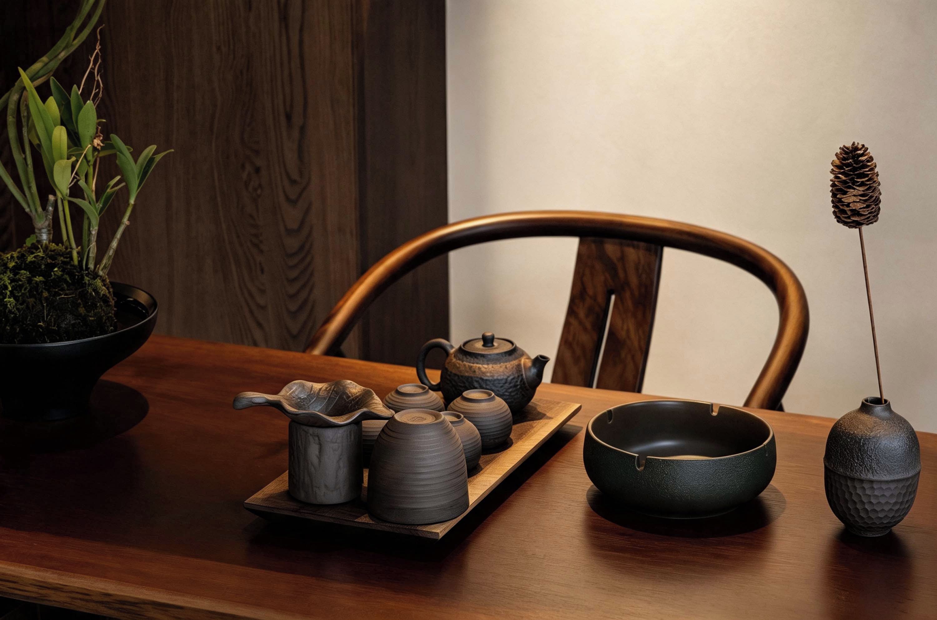 A wooden table with a black bowl, a black pitcher, and a black teapot on a tray.