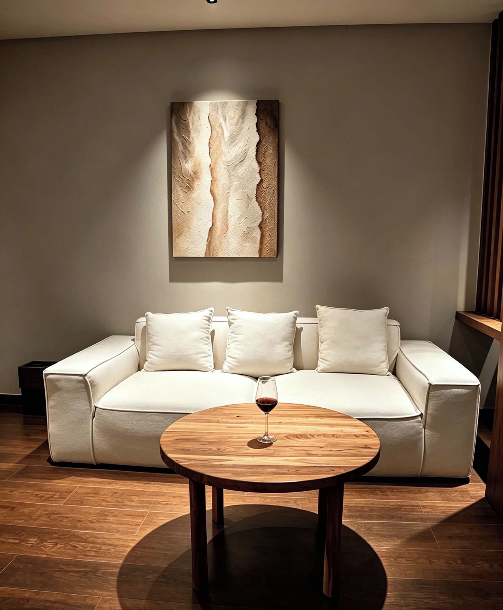 Una sala de estar moderna con un sofá blanco, una mesa de centro redonda de madera y una copa de vino.