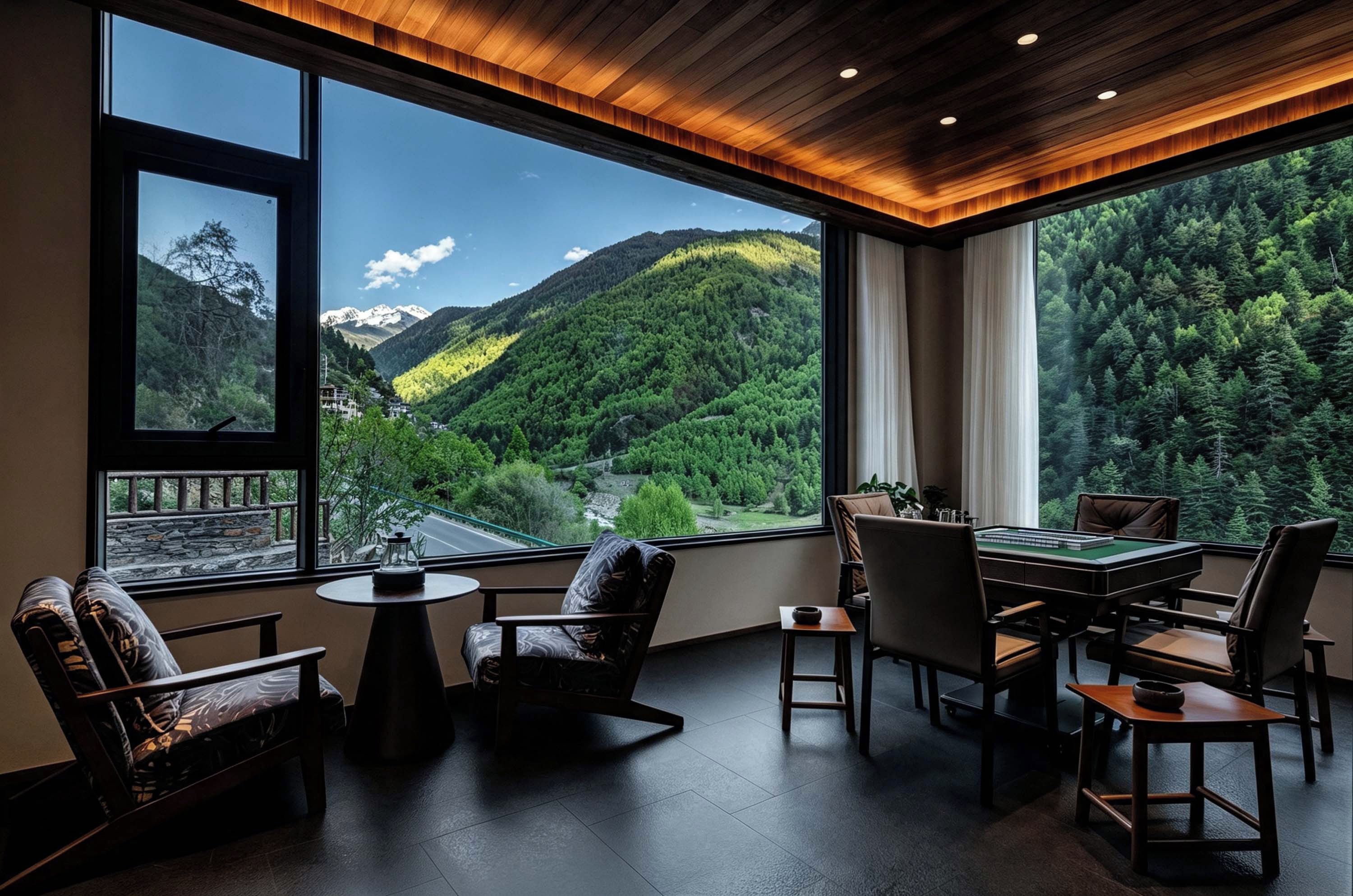 Una habitación con un ventanal que ofrece vistas a una cadena montañosa boscosa.