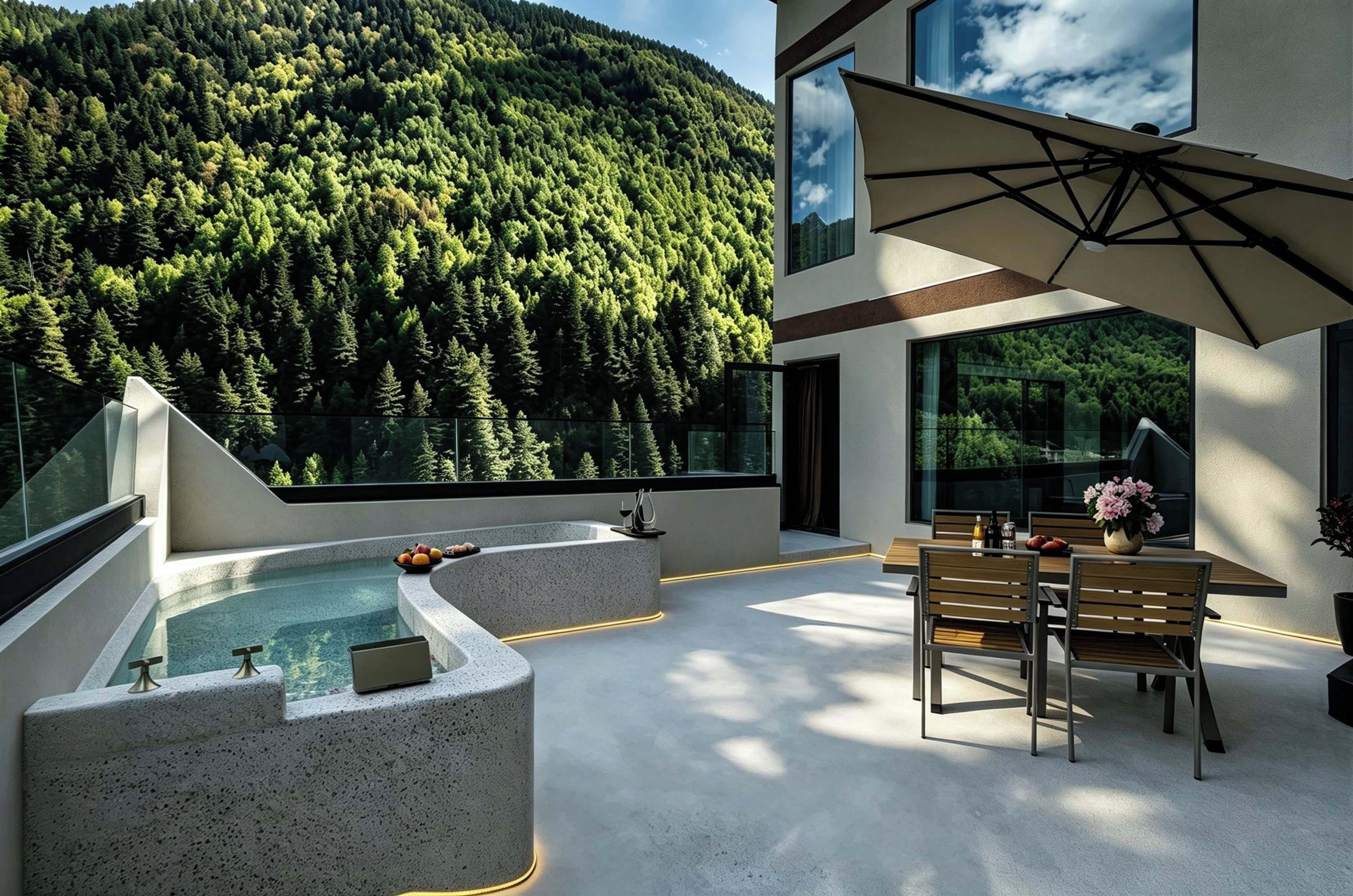 Terraço moderno ao ar livre com piscina, área de estar e vista para uma encosta arborizada.