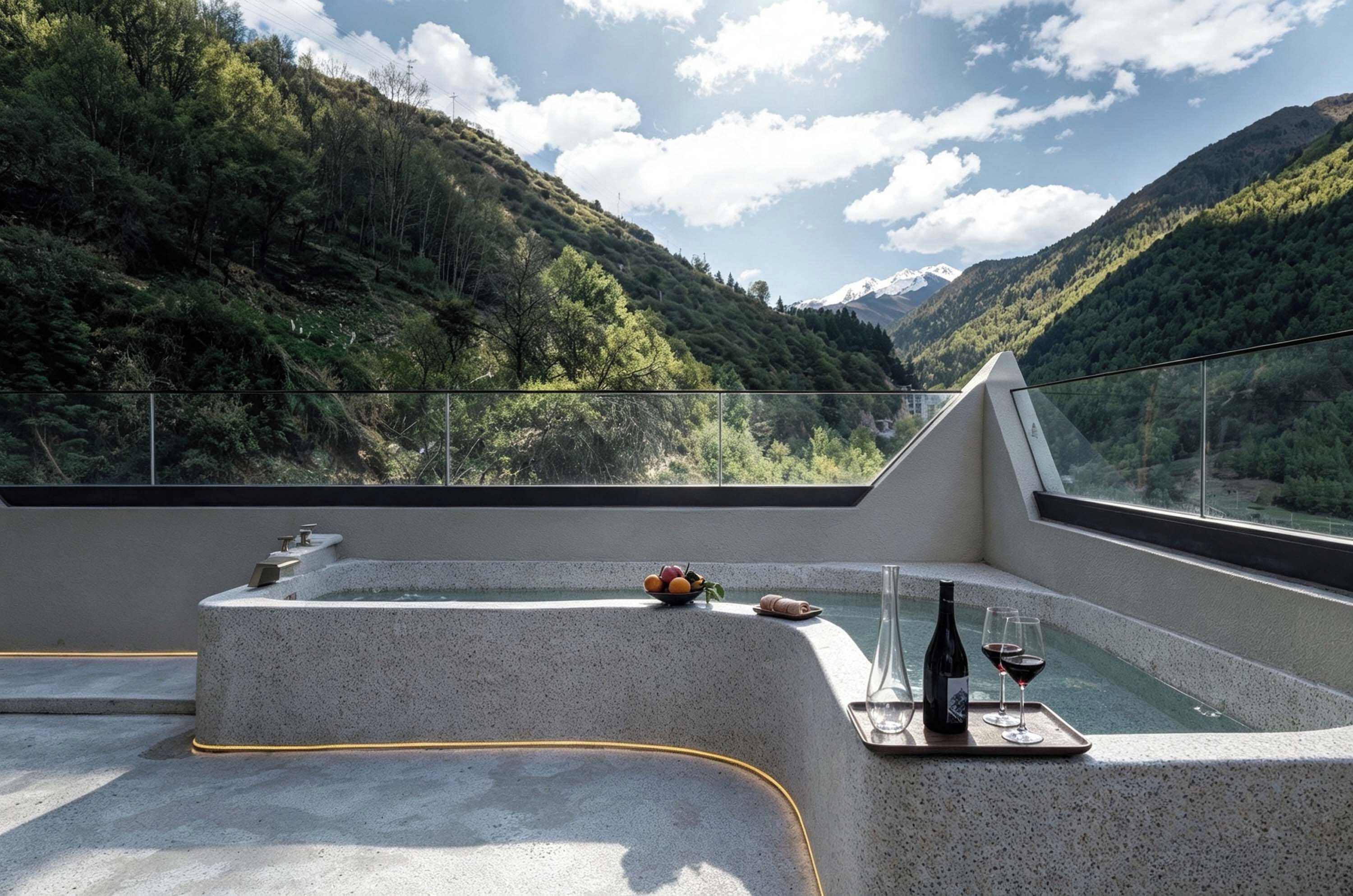 Una terraza en la azotea con piscina, una mesa con una botella y vasos, y vistas a un paisaje montañoso.