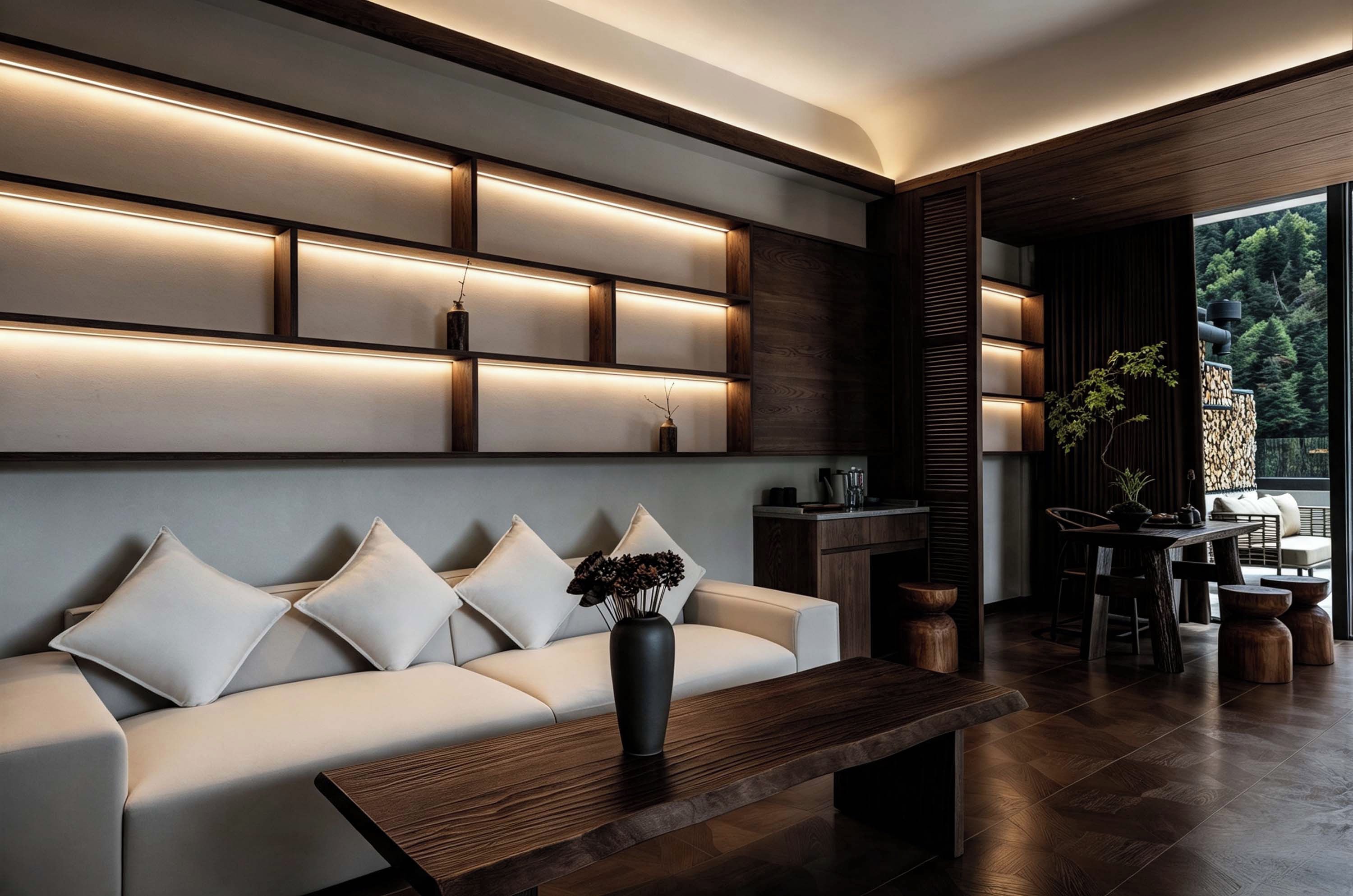 A modern living room with a sofa, a coffee table, and a fireplace.