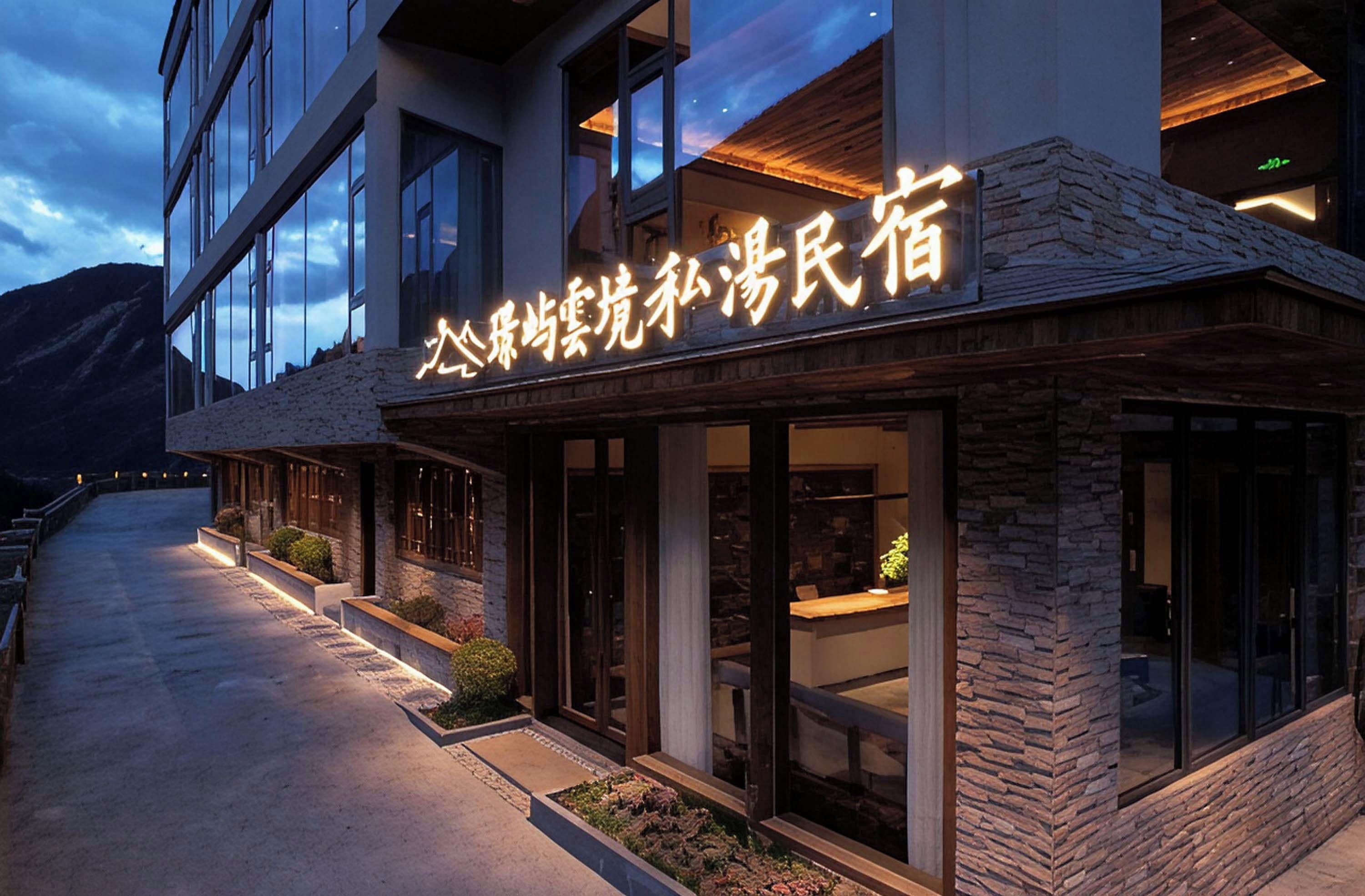 Um hotel com fachada de pedra e grandes janelas, exibindo uma placa com caracteres chineses.