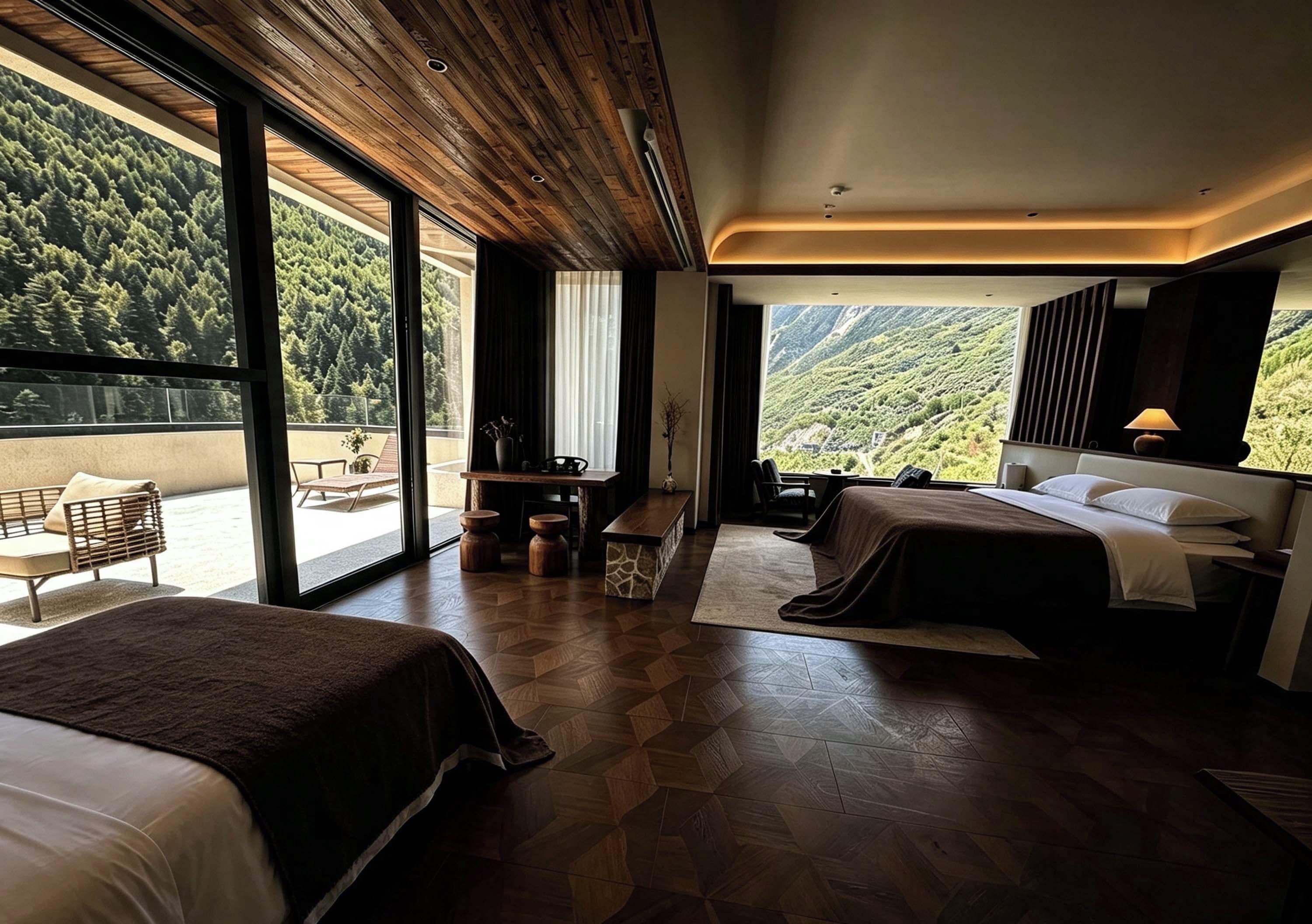 Habitación de hotel con dos camas, un escritorio y vista a una montaña boscosa.