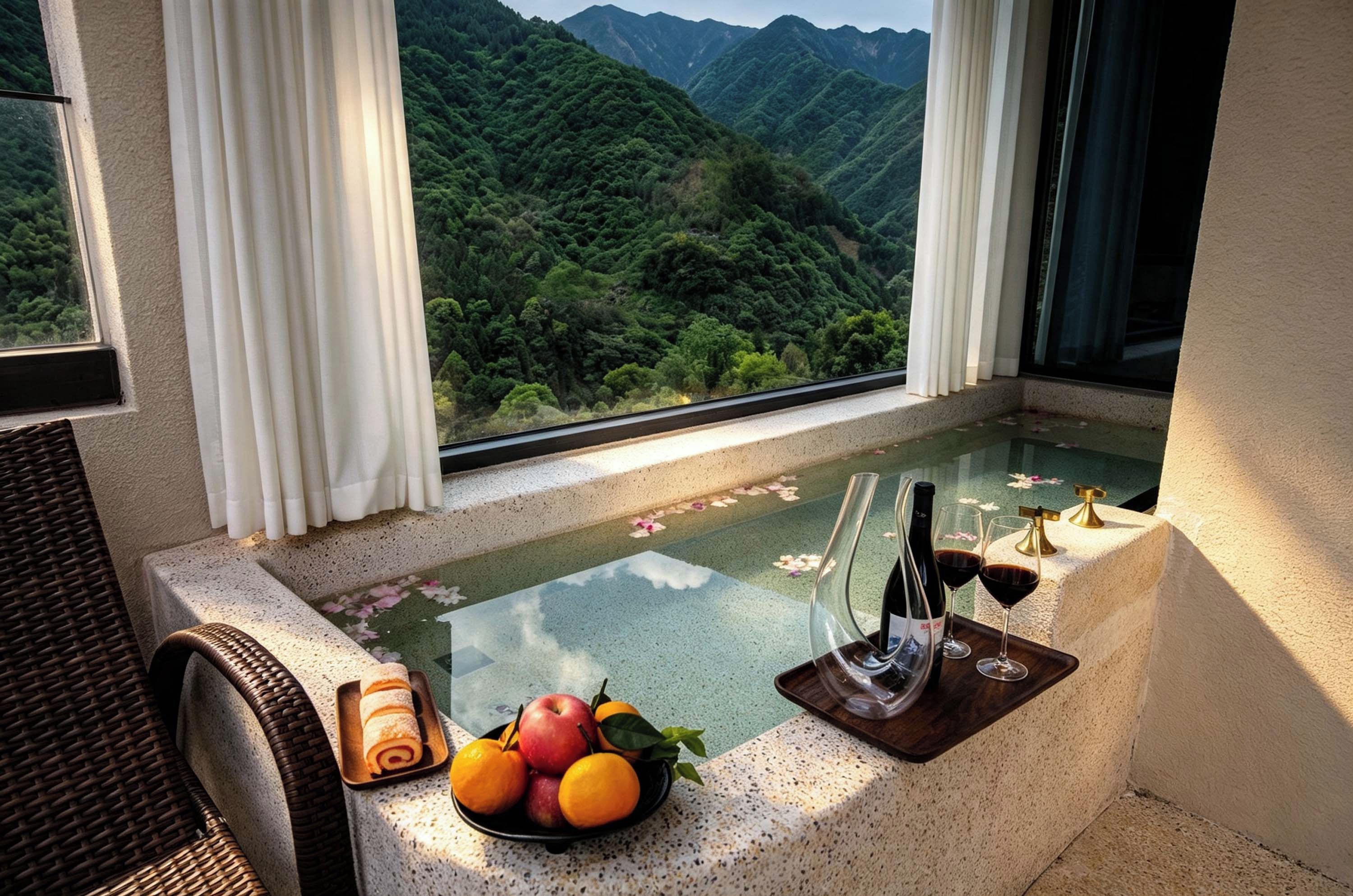 Habitación con vista a un paisaje montañoso a través de amplios ventanales, una mesa de billar pequeña y una bandeja con frutas y una botella.