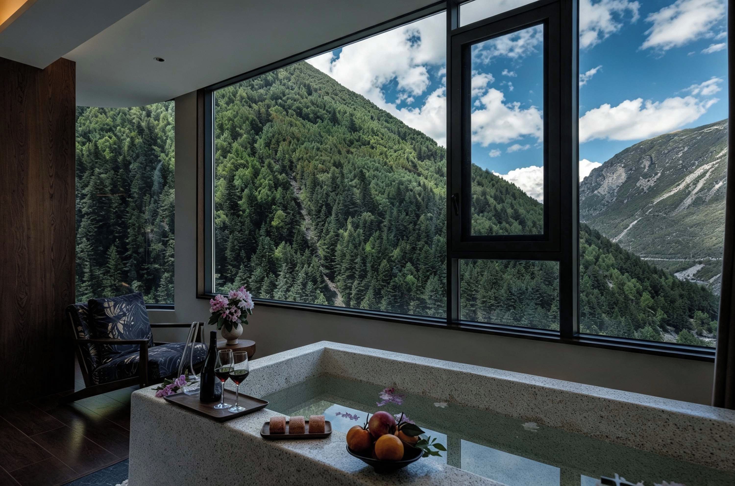 A modern interior with a large window overlooking a forested mountain.