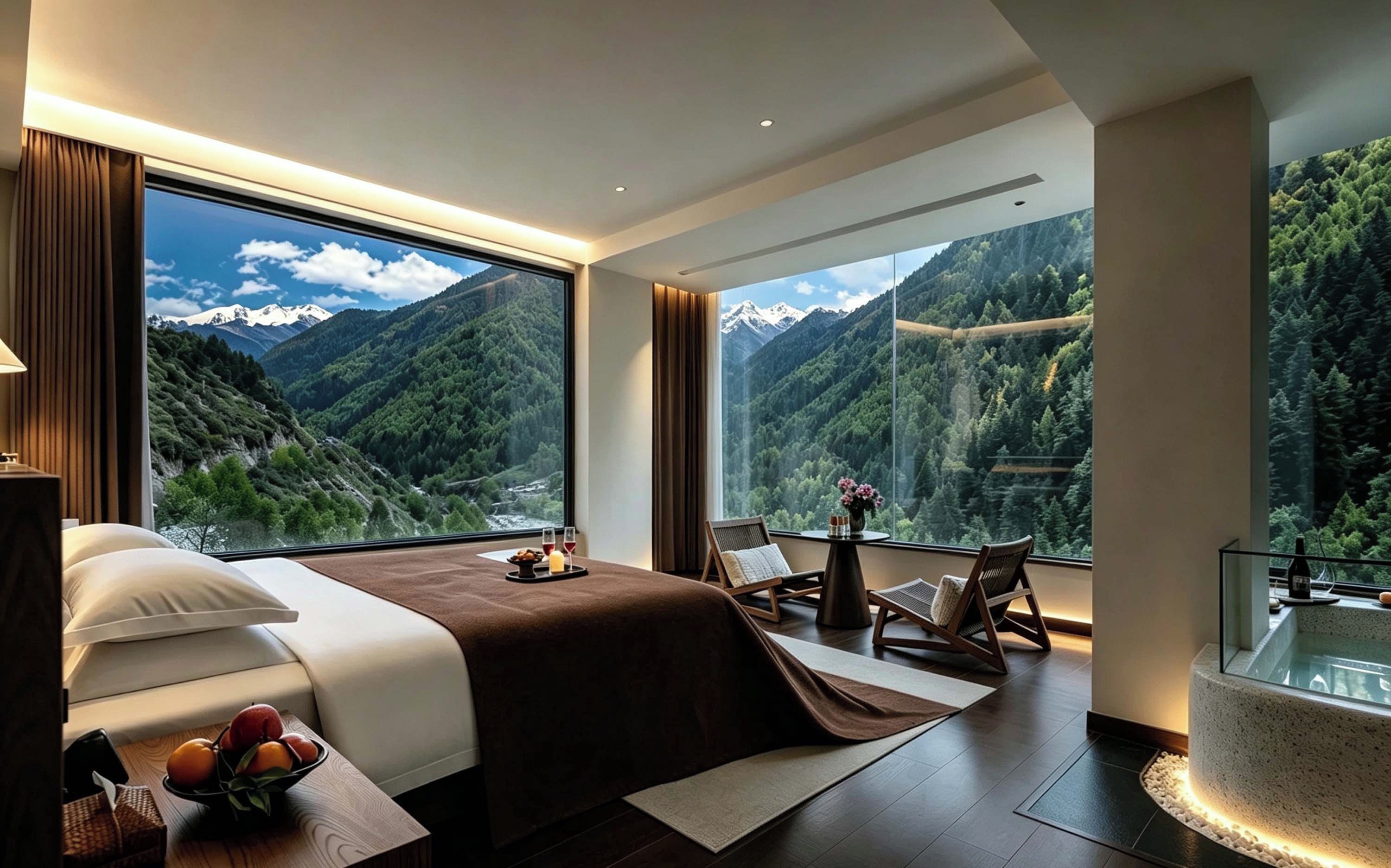 Quarto de hotel moderno com uma cama grande, área de estar com vista para montanhas e uma banheira de hidromassagem com paredes de vidro.