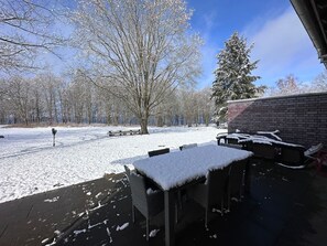 A patio area with outdoor furniture covered in snow, a brick wall, and a snow-covered lawn with trees in the background. - Vrbo Property (Lenz)