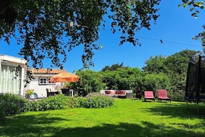 A residential property with a white house, a thatched umbrella, a lawn, and outdoor seating. - Nature house "De Blauwe Reiger (Slootdorp)