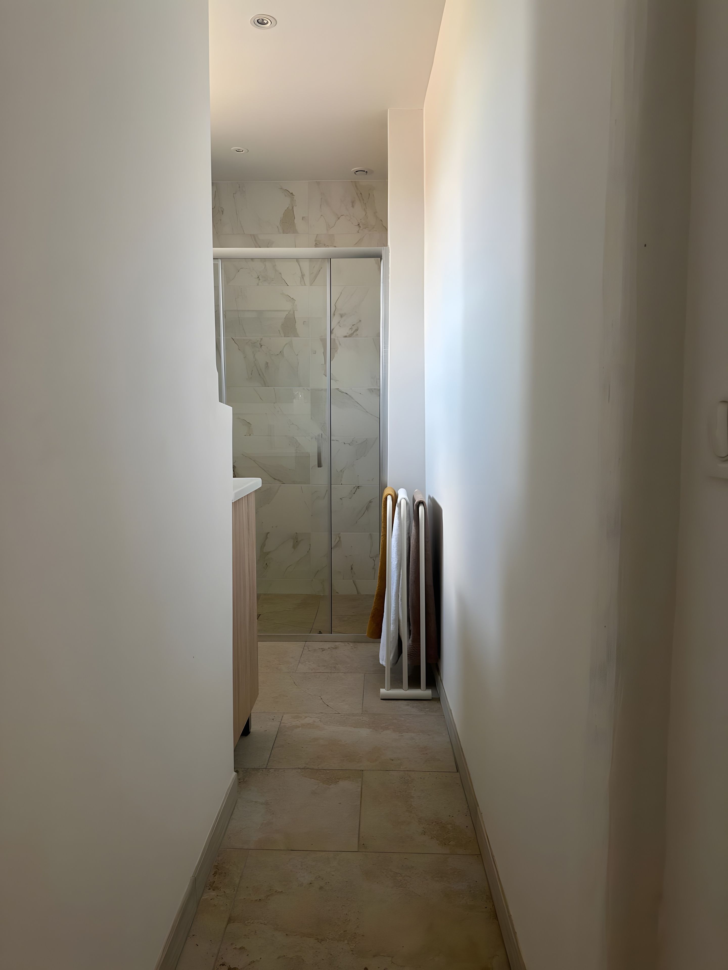 A narrow hallway leading to a bathroom with a glass shower enclosure and a towel rack with multiple towels.