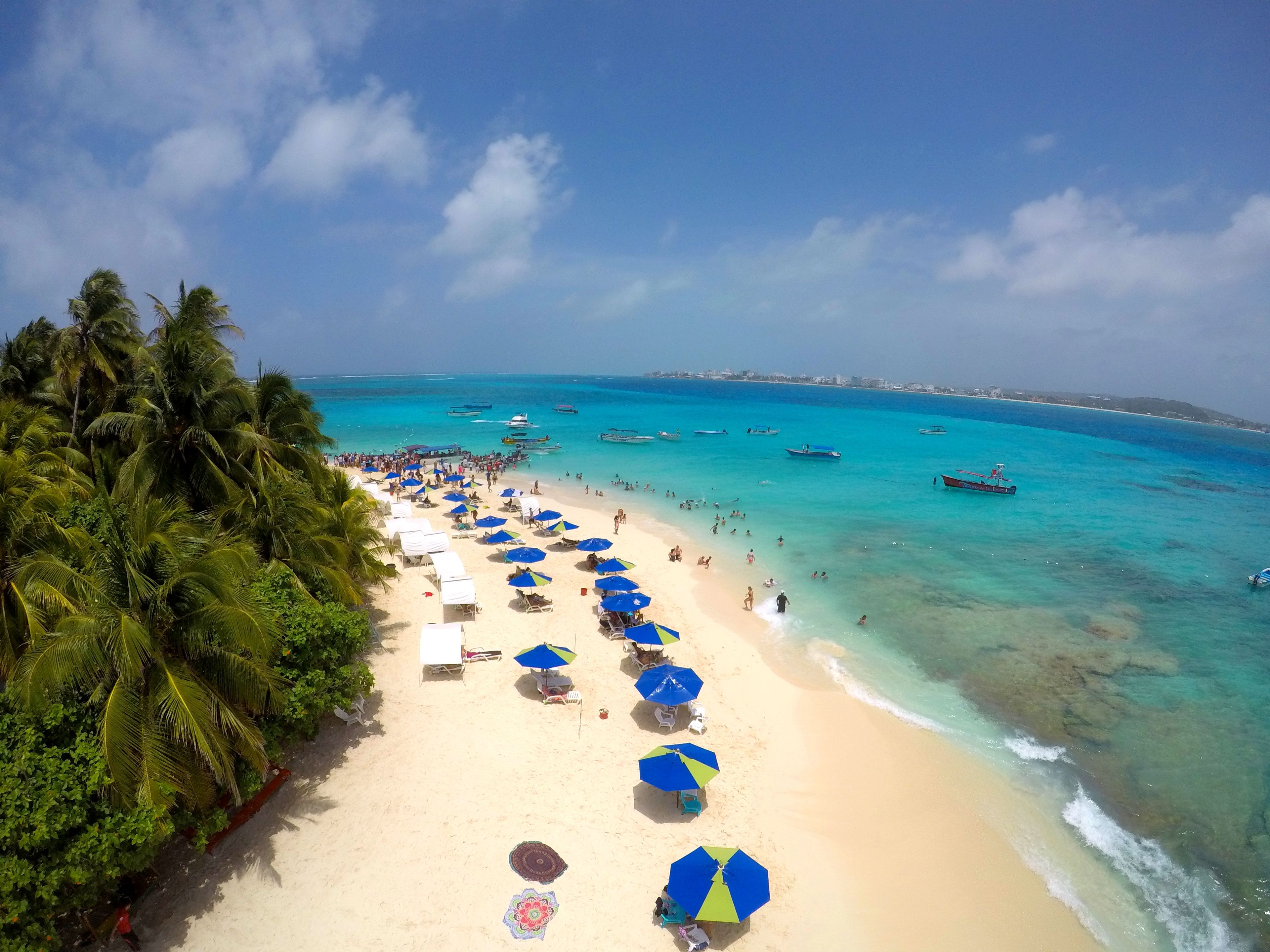 Una playa con hileras de sombrillas y sillas reclinables, palmeras y embarcaciones en el agua.