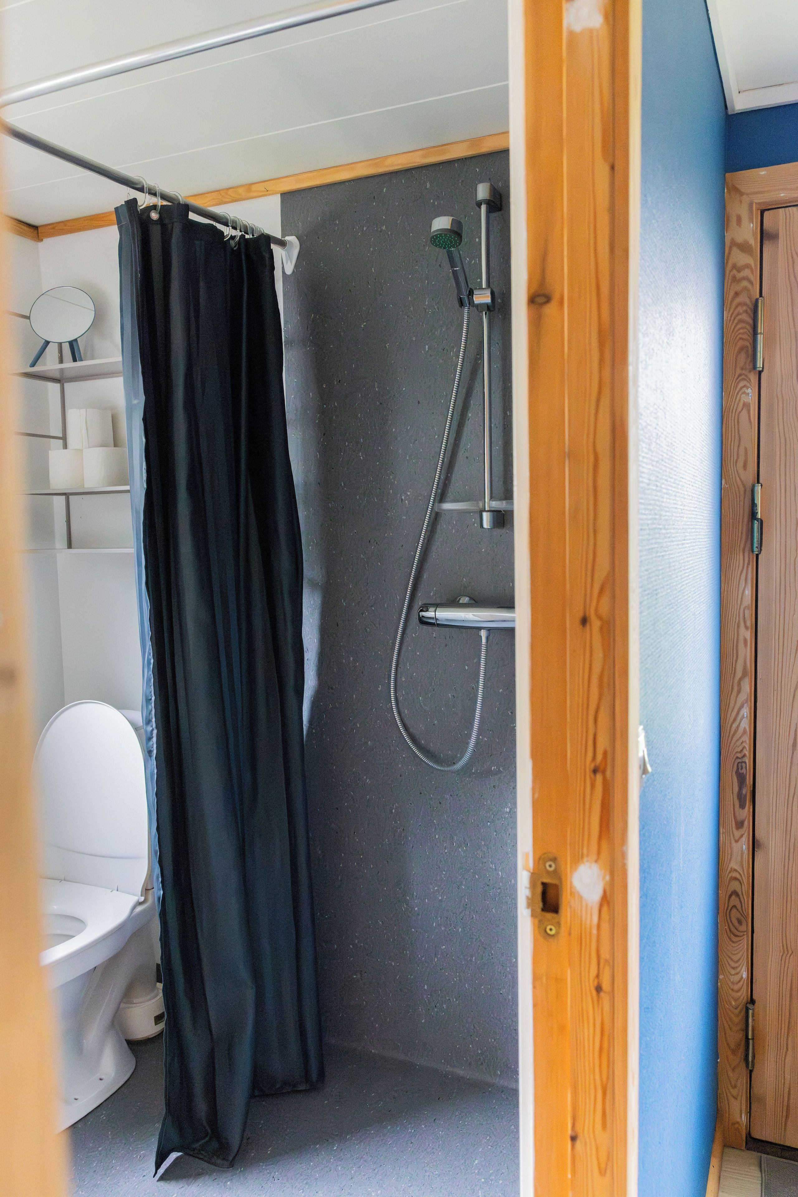 Baño con ducha, inodoro y espejo sobre una estantería.
