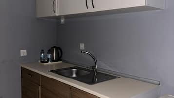 Una cocina compacta con lavamanos, armarios y encimera.