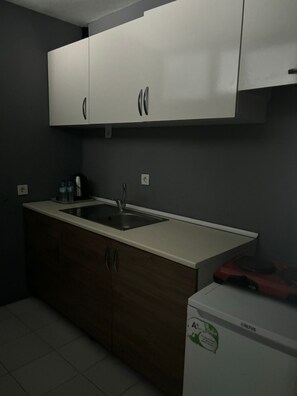 Eine Küche mit weißer Arbeitsplatte, einem Spülbecken, Holzschränken und einem kleinen Kühlschrank.