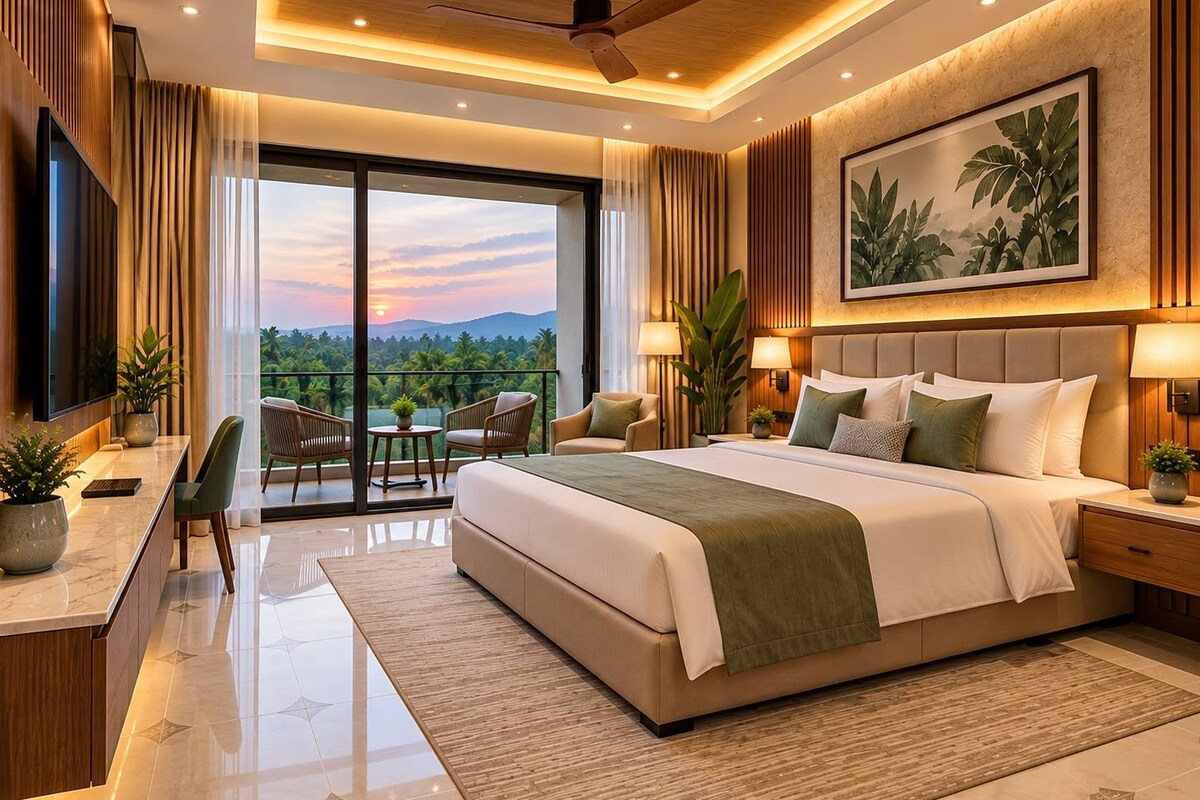 Une chambre moderne avec un grand lit, un bureau et un balcon offrant une vue agréable.