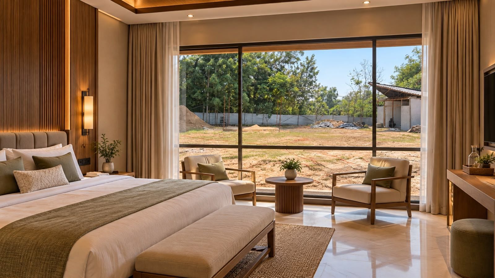 A modern bedroom with a large bed, two armchairs, a small round table, and a view of the outdoors.