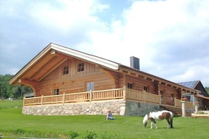 A log cabin with a stone foundation, a wooden porch, and a horse grazing in the yard. - Laumer family farm holiday apartment (Brennberg)