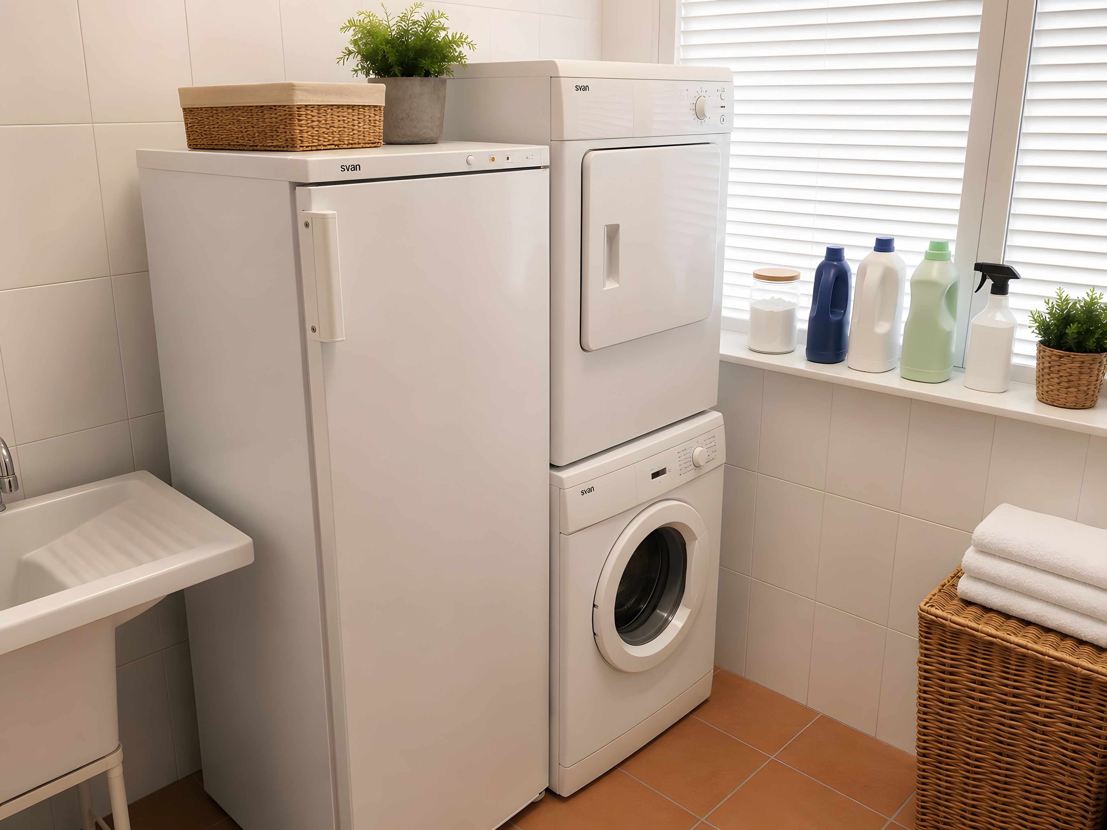 Un espace buanderie compact comprenant un lave-linge et un sèche-linge, un petit évier et une étagère avec des produits de nettoyage.