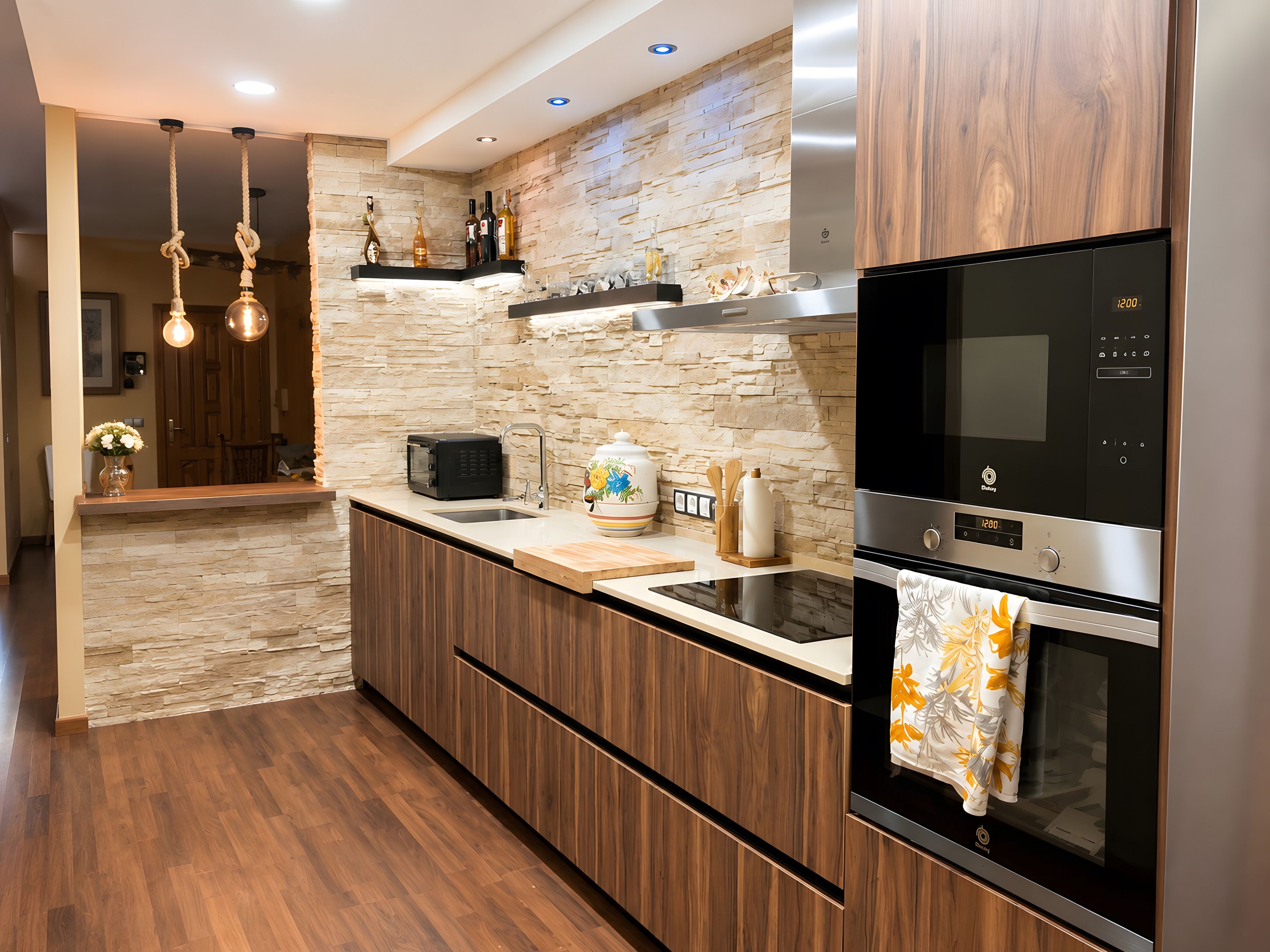 A modern kitchen with a stone backsplash, wooden cabinets, a built-in oven, and a microwave.