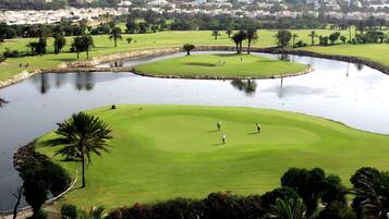 Un campo de golf con un estanque, palmeras y un área residencial al fondo.